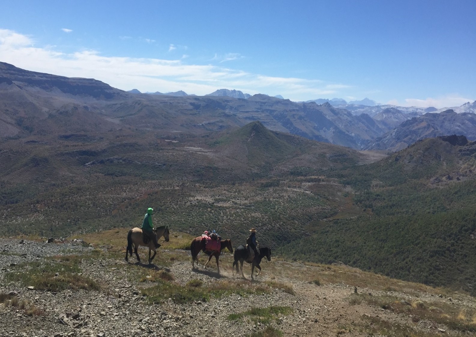 Se observa acá a los geólogos en terreno en el área de la Reserva Nacional Altos de Lircay. Cuando no hay camino para vehículos es necesario hacer cabalgatas para recorrer el territorio, donde la labor del arriero (jinete con chupalla) es primordial para conseguir los objetivos.