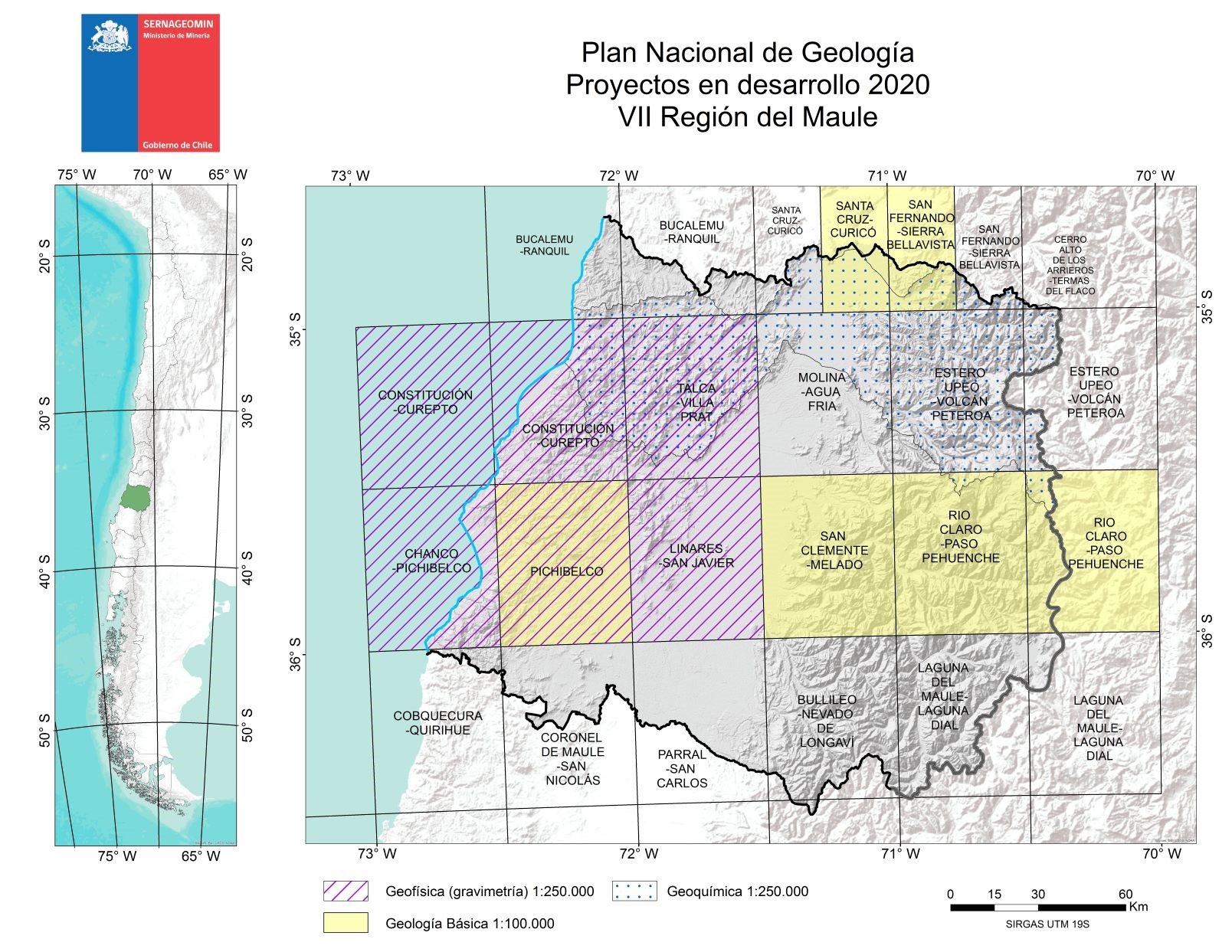 Mapa simplificado en el que se indican los proyectos actualmente en desarrollo por el Plan Nacional de Geología en la Región del Maule.